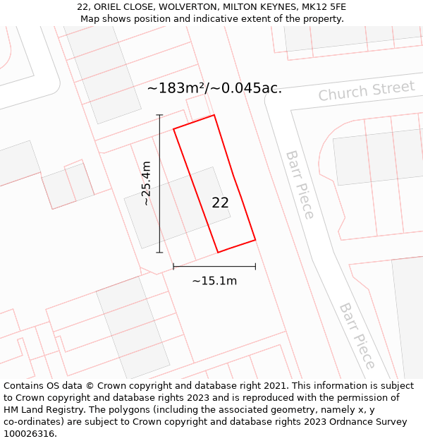 22, ORIEL CLOSE, WOLVERTON, MILTON KEYNES, MK12 5FE: Plot and title map