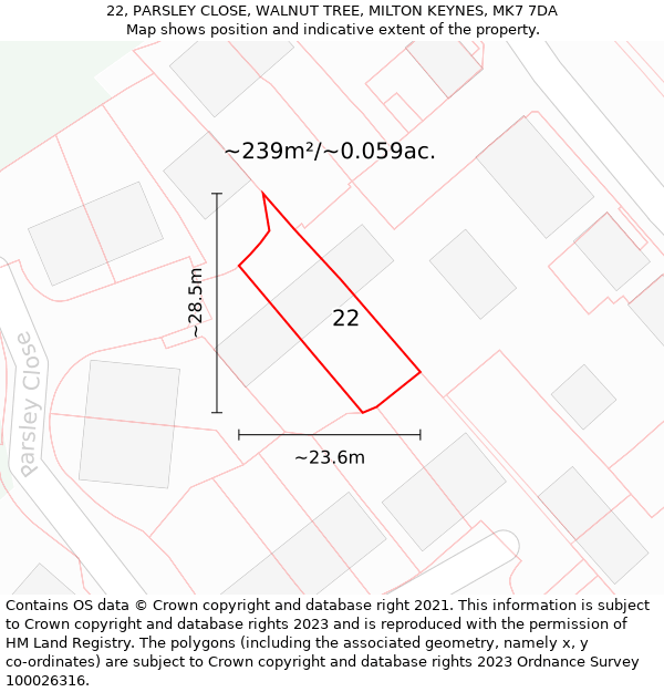 22, PARSLEY CLOSE, WALNUT TREE, MILTON KEYNES, MK7 7DA: Plot and title map