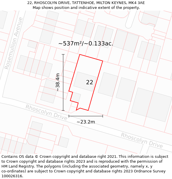 22, RHOSCOLYN DRIVE, TATTENHOE, MILTON KEYNES, MK4 3AE: Plot and title map