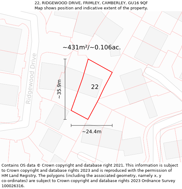 22, RIDGEWOOD DRIVE, FRIMLEY, CAMBERLEY, GU16 9QF: Plot and title map