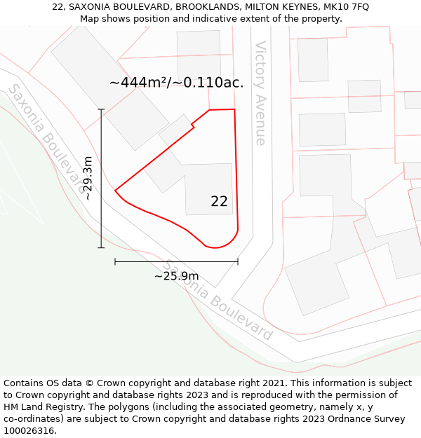 22, SAXONIA BOULEVARD, BROOKLANDS, MILTON KEYNES, MK10 7FQ: Plot and title map