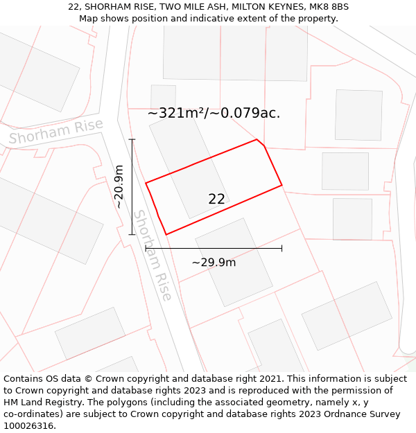 22, SHORHAM RISE, TWO MILE ASH, MILTON KEYNES, MK8 8BS: Plot and title map