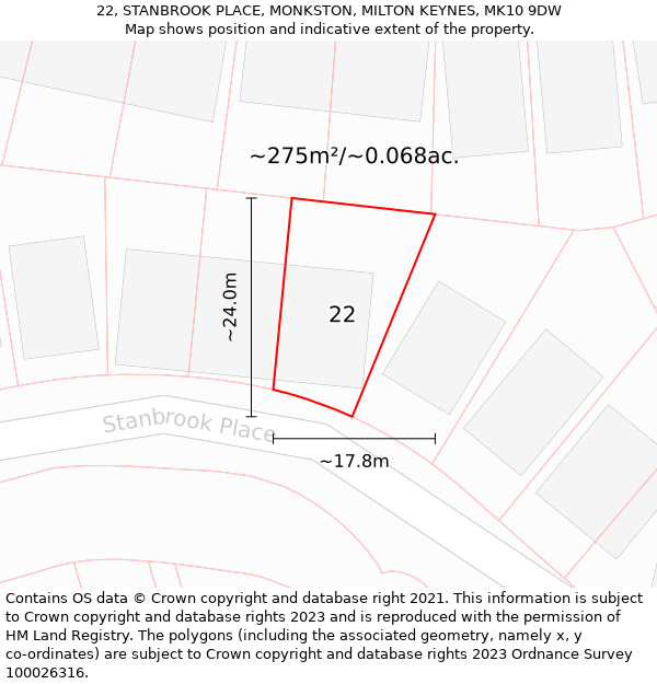 22, STANBROOK PLACE, MONKSTON, MILTON KEYNES, MK10 9DW: Plot and title map