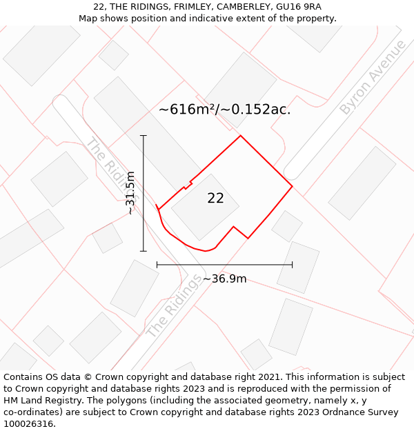 22, THE RIDINGS, FRIMLEY, CAMBERLEY, GU16 9RA: Plot and title map