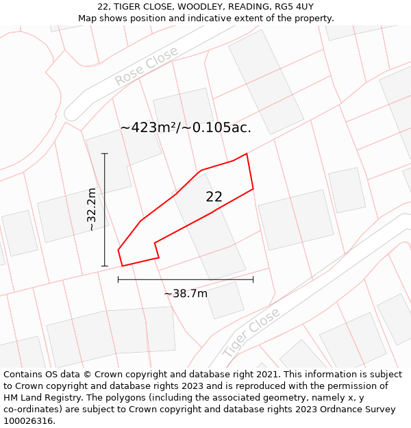 22, TIGER CLOSE, WOODLEY, READING, RG5 4UY: Plot and title map