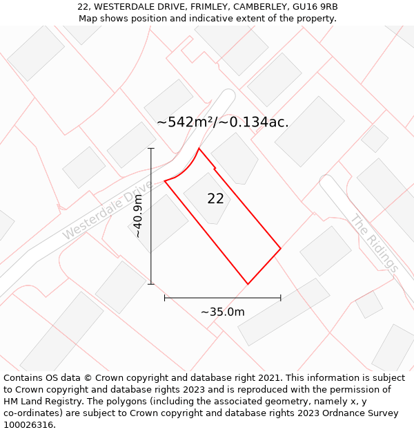 22, WESTERDALE DRIVE, FRIMLEY, CAMBERLEY, GU16 9RB: Plot and title map