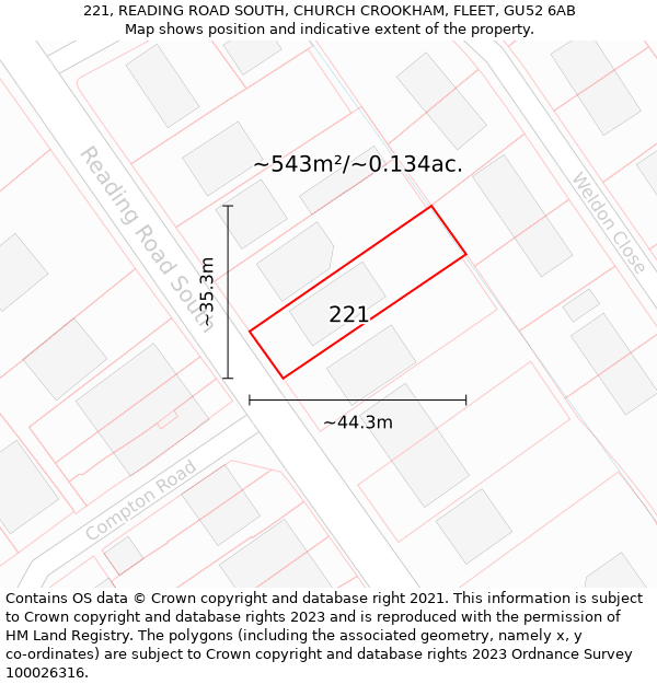 221, READING ROAD SOUTH, CHURCH CROOKHAM, FLEET, GU52 6AB: Plot and title map