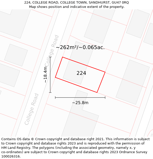 224, COLLEGE ROAD, COLLEGE TOWN, SANDHURST, GU47 0RQ: Plot and title map