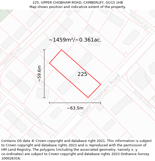 225, UPPER CHOBHAM ROAD, CAMBERLEY, GU15 1HB: Plot and title map