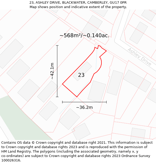 23, ASHLEY DRIVE, BLACKWATER, CAMBERLEY, GU17 0PR: Plot and title map