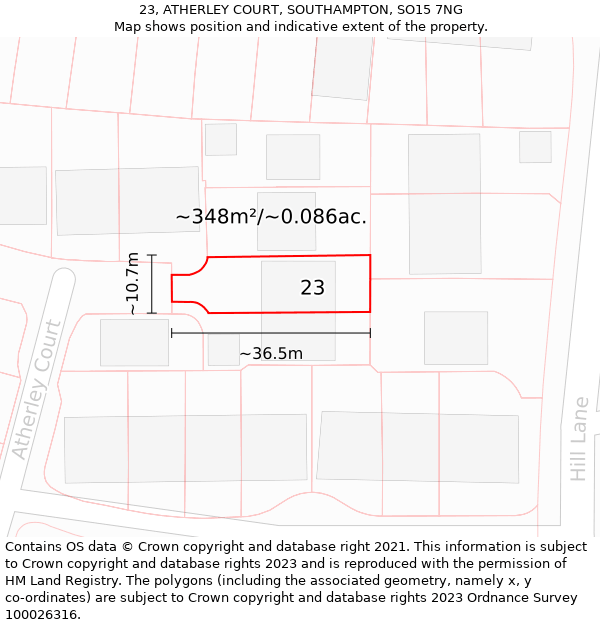 23, ATHERLEY COURT, SOUTHAMPTON, SO15 7NG: Plot and title map