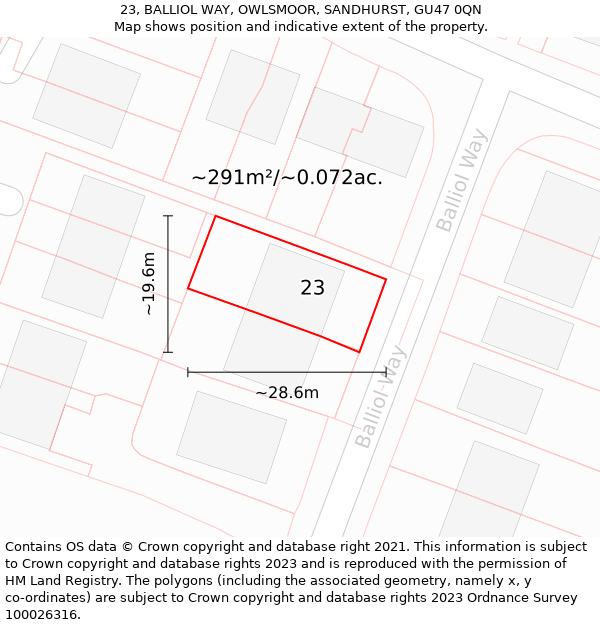 23, BALLIOL WAY, OWLSMOOR, SANDHURST, GU47 0QN: Plot and title map