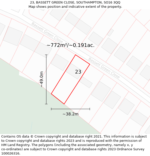 23, BASSETT GREEN CLOSE, SOUTHAMPTON, SO16 3QQ: Plot and title map