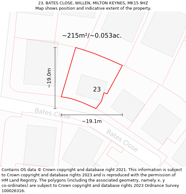 23, BATES CLOSE, WILLEN, MILTON KEYNES, MK15 9HZ: Plot and title map