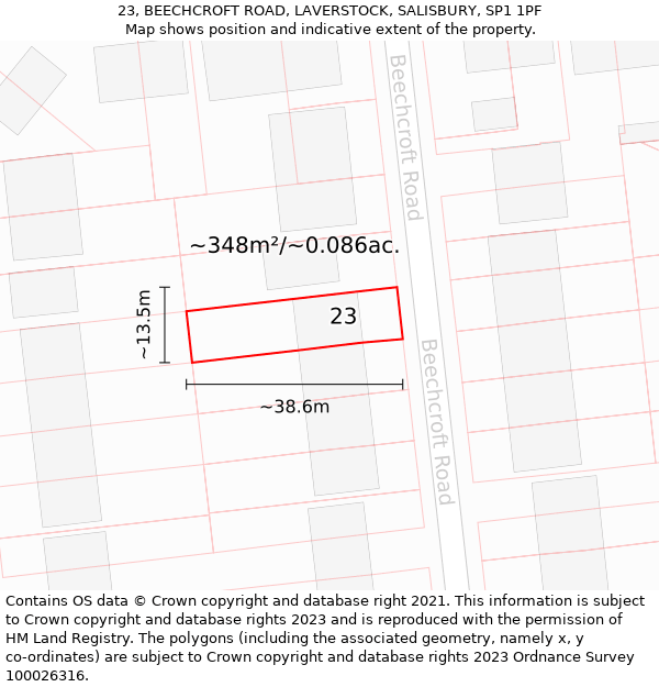 23, BEECHCROFT ROAD, LAVERSTOCK, SALISBURY, SP1 1PF: Plot and title map