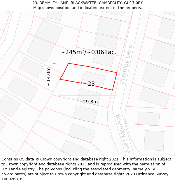 23, BRAMLEY LANE, BLACKWATER, CAMBERLEY, GU17 0BY: Plot and title map