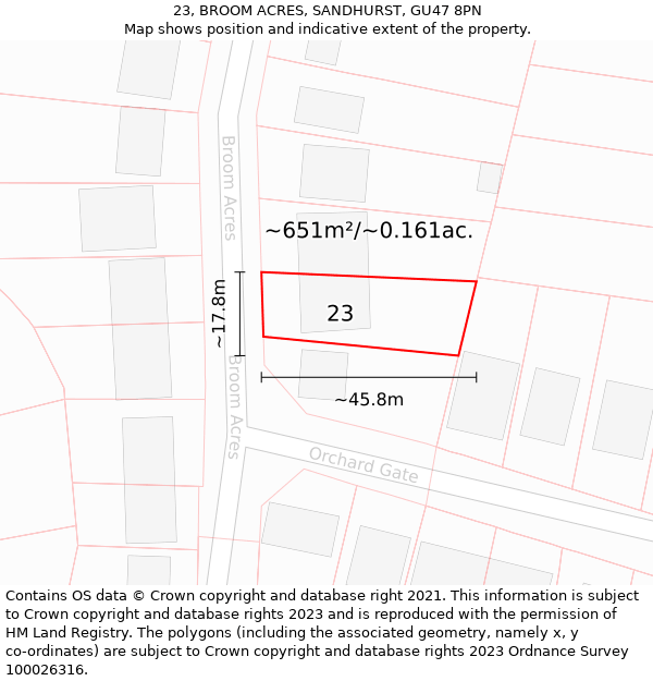 23, BROOM ACRES, SANDHURST, GU47 8PN: Plot and title map