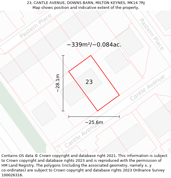 23, CANTLE AVENUE, DOWNS BARN, MILTON KEYNES, MK14 7RJ: Plot and title map