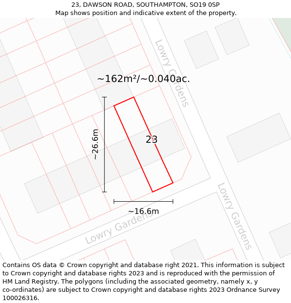 23, DAWSON ROAD, SOUTHAMPTON, SO19 0SP: Plot and title map