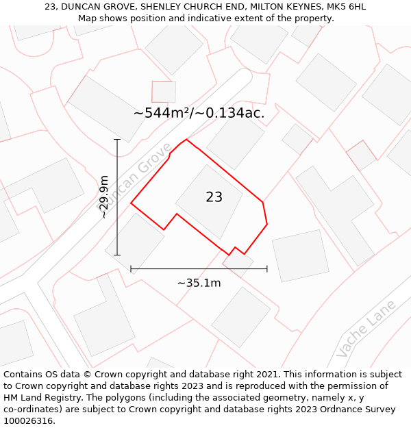 23, DUNCAN GROVE, SHENLEY CHURCH END, MILTON KEYNES, MK5 6HL: Plot and title map