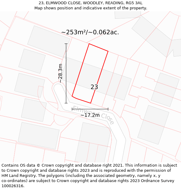 23, ELMWOOD CLOSE, WOODLEY, READING, RG5 3AL: Plot and title map