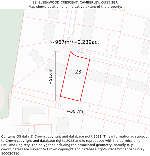 23, ELSENWOOD CRESCENT, CAMBERLEY, GU15 2BA: Plot and title map