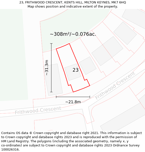 23, FRITHWOOD CRESCENT, KENTS HILL, MILTON KEYNES, MK7 6HQ: Plot and title map