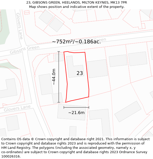 23, GIBSONS GREEN, HEELANDS, MILTON KEYNES, MK13 7PR: Plot and title map