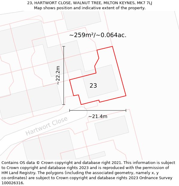 23, HARTWORT CLOSE, WALNUT TREE, MILTON KEYNES, MK7 7LJ: Plot and title map