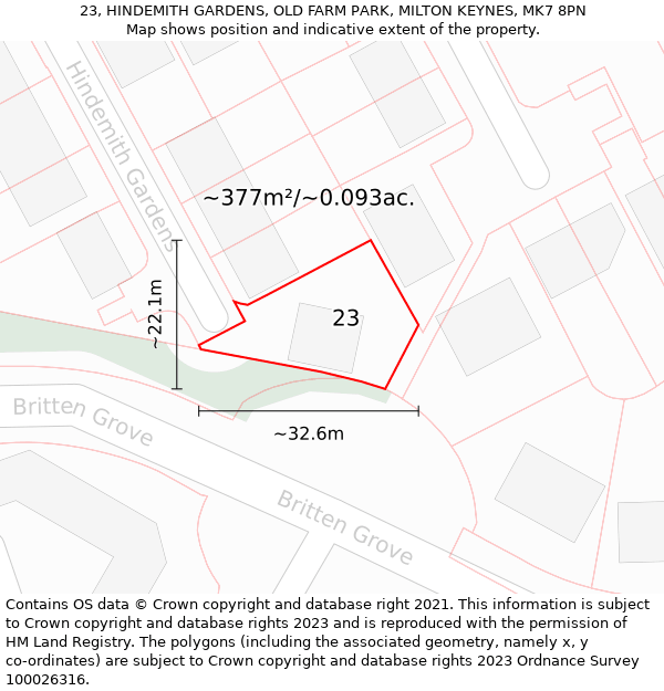 23, HINDEMITH GARDENS, OLD FARM PARK, MILTON KEYNES, MK7 8PN: Plot and title map