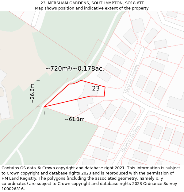 23, MERSHAM GARDENS, SOUTHAMPTON, SO18 6TF: Plot and title map