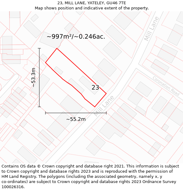 23, MILL LANE, YATELEY, GU46 7TE: Plot and title map