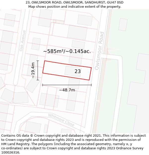 23, OWLSMOOR ROAD, OWLSMOOR, SANDHURST, GU47 0SD: Plot and title map