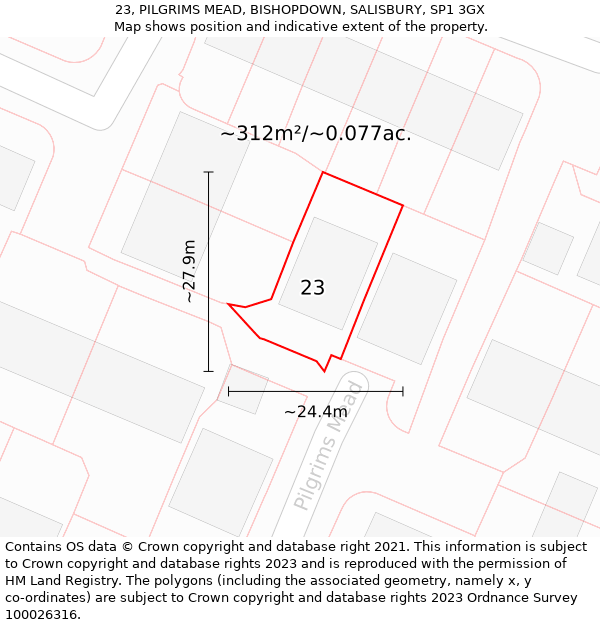 23, PILGRIMS MEAD, BISHOPDOWN, SALISBURY, SP1 3GX: Plot and title map