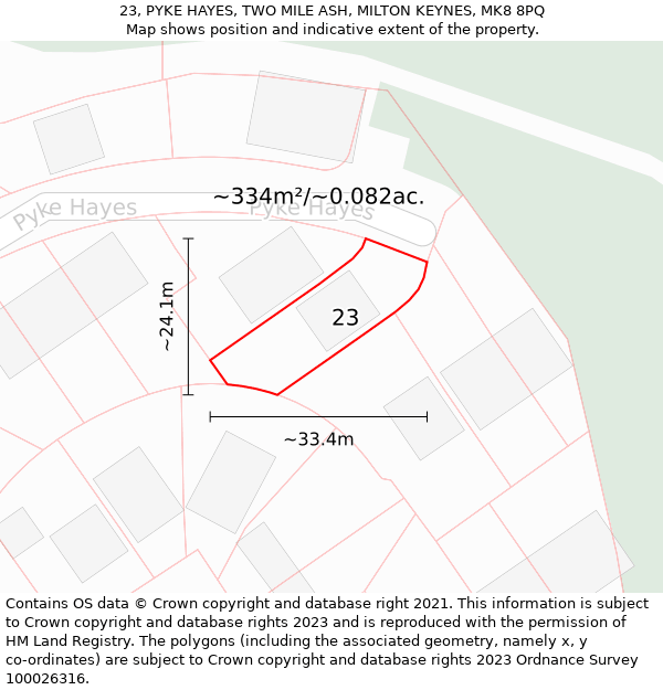 23, PYKE HAYES, TWO MILE ASH, MILTON KEYNES, MK8 8PQ: Plot and title map