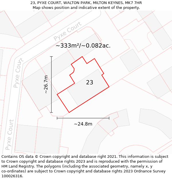 23, PYXE COURT, WALTON PARK, MILTON KEYNES, MK7 7HR: Plot and title map