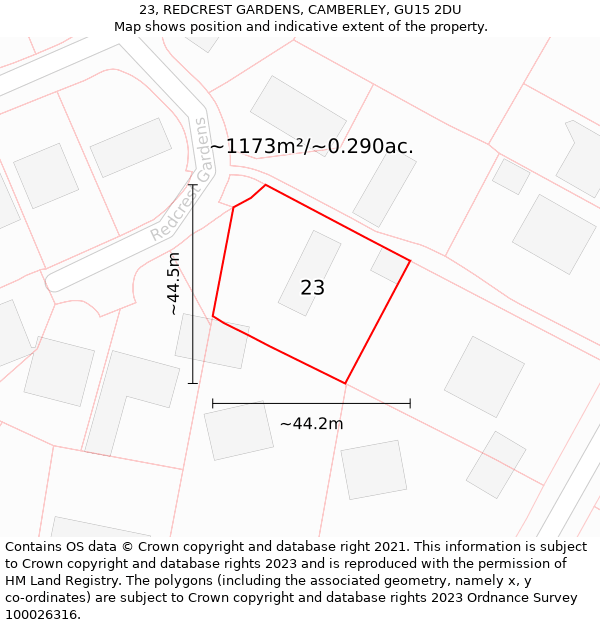 23, REDCREST GARDENS, CAMBERLEY, GU15 2DU: Plot and title map