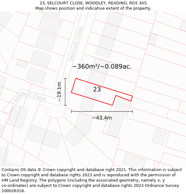 23, SELCOURT CLOSE, WOODLEY, READING, RG5 3AS: Plot and title map