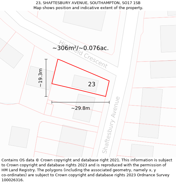 23, SHAFTESBURY AVENUE, SOUTHAMPTON, SO17 1SB: Plot and title map