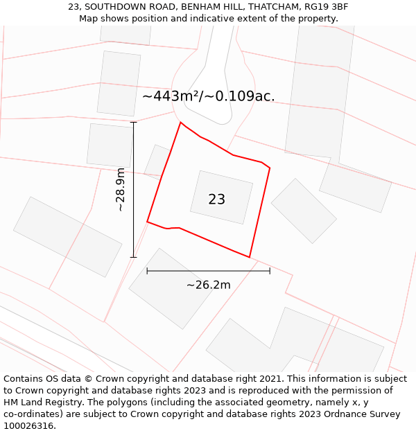 23, SOUTHDOWN ROAD, BENHAM HILL, THATCHAM, RG19 3BF: Plot and title map