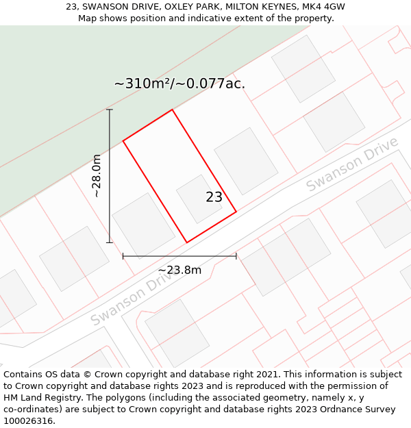 23, SWANSON DRIVE, OXLEY PARK, MILTON KEYNES, MK4 4GW: Plot and title map