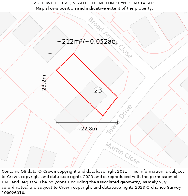 23, TOWER DRIVE, NEATH HILL, MILTON KEYNES, MK14 6HX: Plot and title map