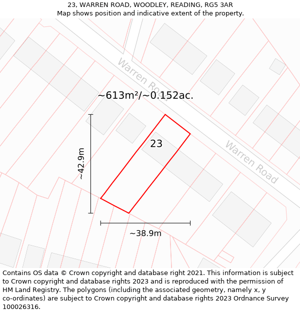 23, WARREN ROAD, WOODLEY, READING, RG5 3AR: Plot and title map