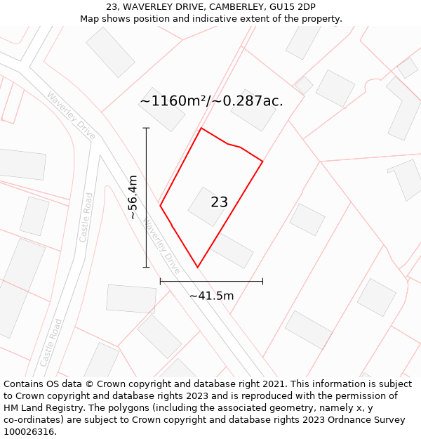 23, WAVERLEY DRIVE, CAMBERLEY, GU15 2DP: Plot and title map