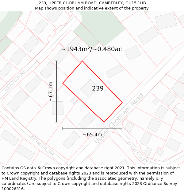 239, UPPER CHOBHAM ROAD, CAMBERLEY, GU15 1HB: Plot and title map