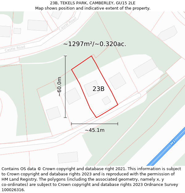 23B, TEKELS PARK, CAMBERLEY, GU15 2LE: Plot and title map