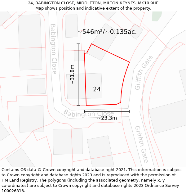 24, BABINGTON CLOSE, MIDDLETON, MILTON KEYNES, MK10 9HE: Plot and title map