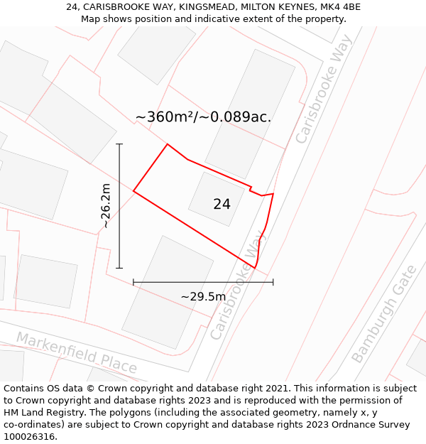 24, CARISBROOKE WAY, KINGSMEAD, MILTON KEYNES, MK4 4BE: Plot and title map