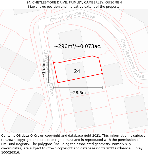 24, CHEYLESMORE DRIVE, FRIMLEY, CAMBERLEY, GU16 9BN: Plot and title map