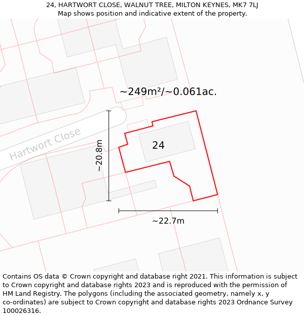 24, HARTWORT CLOSE, WALNUT TREE, MILTON KEYNES, MK7 7LJ: Plot and title map